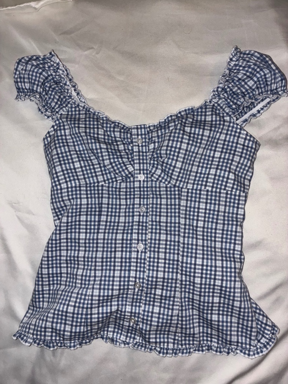 Blue Gingham Hollister V-Neck Pintuck Top